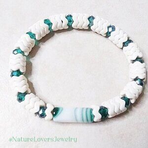 Boho! Teal Green Agate, Crystal & Natural Howlite Stretch Bracelet! 7" Wrists